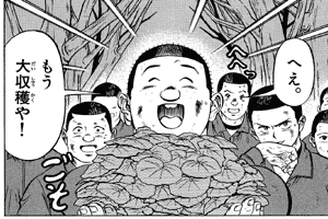 [大量のツワブキの葉をとってきた西田の図]